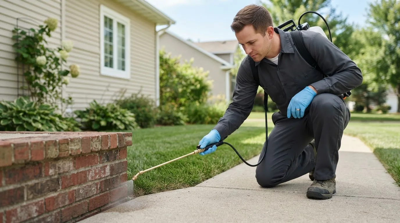 Pest control technician treating a home near West Burke, VT